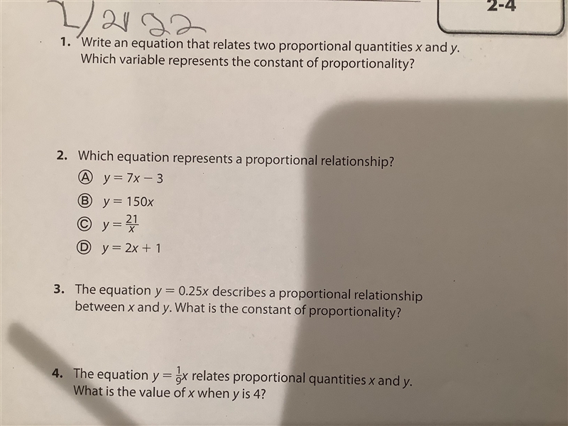 Write an equation that relates two proportional quantities x and y. Which variable-example-1