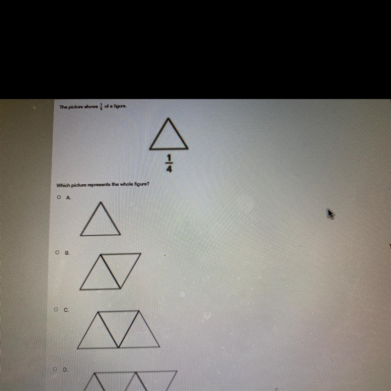 The picture below shows 1/4 Which picture represent a whole-example-1