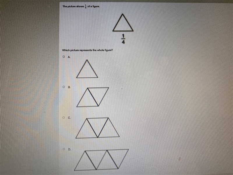 The picture below shows 1/4 Which picture represent a whole-example-2