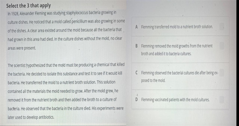 Which of the following was included in the procedure that Flemming used to test his-example-1