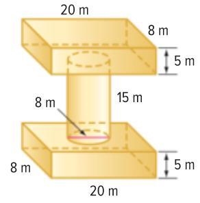 The figure above includes one cylinder and two identical rectangular prisms. The volume-example-1