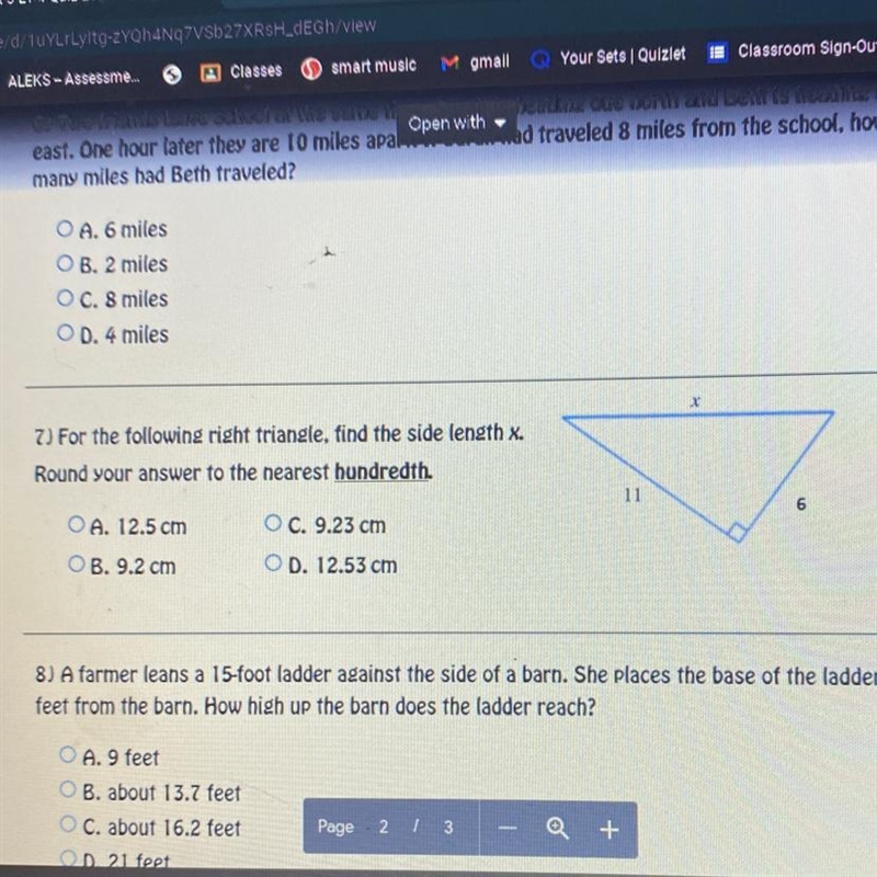 For the following right triangle, find the side length x.Round your answer to the-example-1