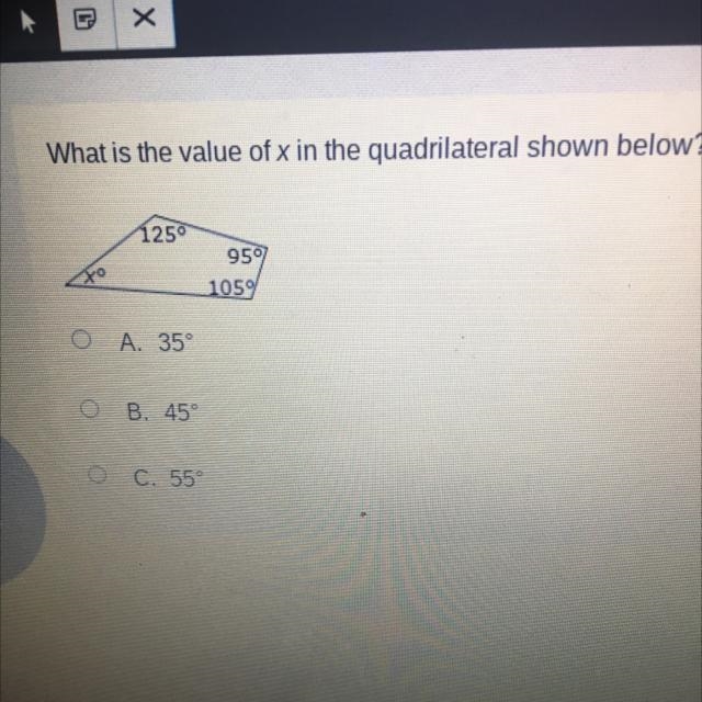 What is the value of x in the quadrilateral shown below? 1250 959 1059 To O A. 35° OB-example-1