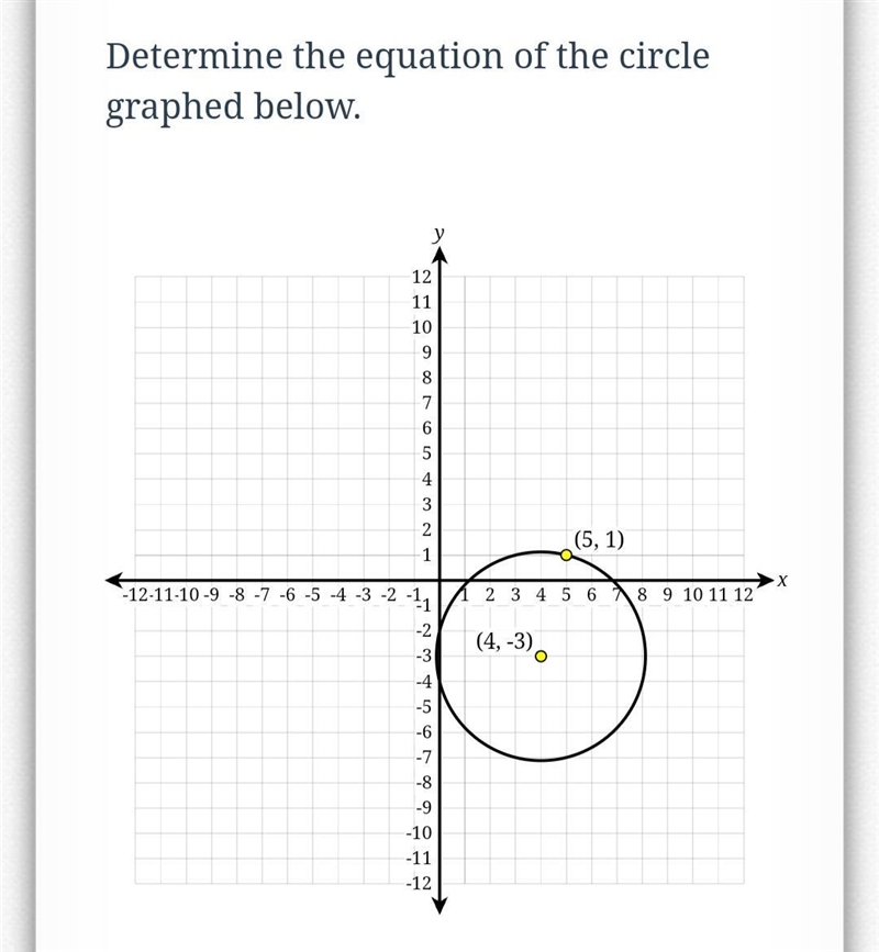 Determine the equation of the circle graphed below in the photo! Equation should look-example-1