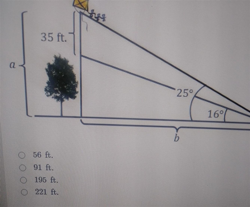 Marcos is flying a kite 35 feet above an oak tree . The angle of elevation is 16° and-example-1