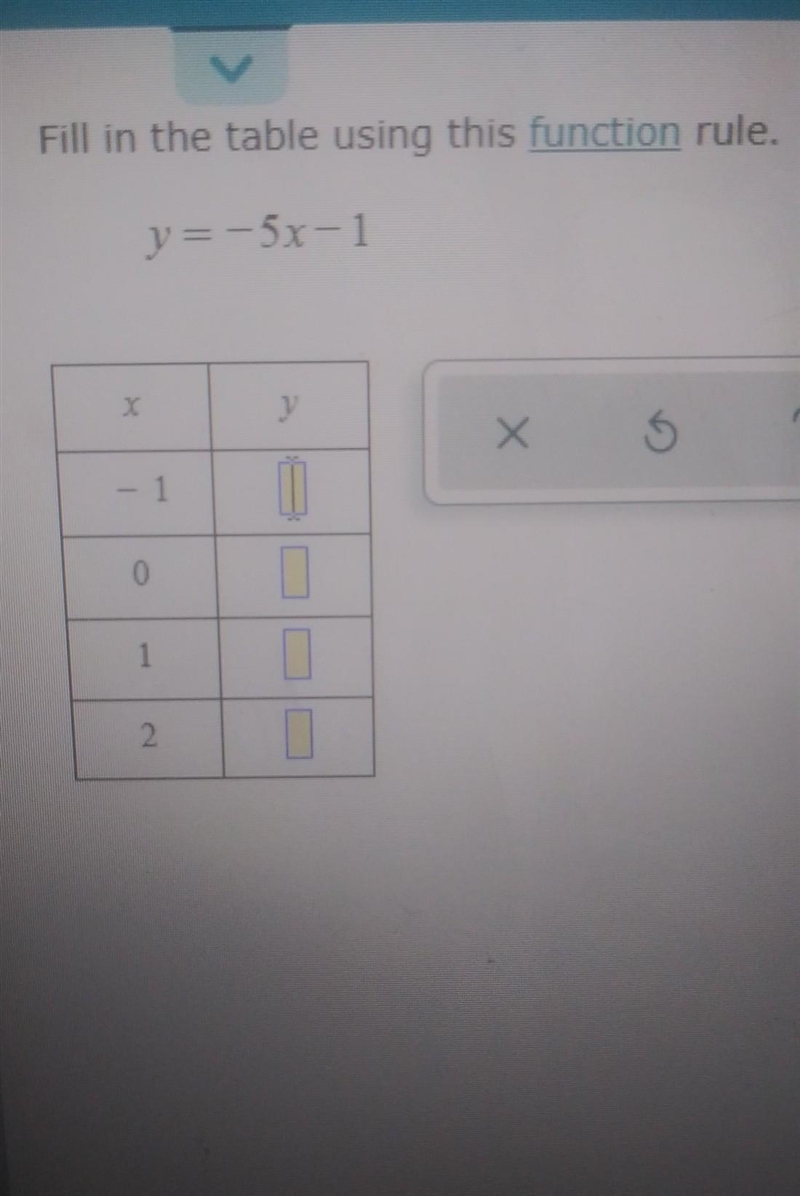 Fill in the table using this function rule. y = -5x-1 Х G ? - 1 0-example-1