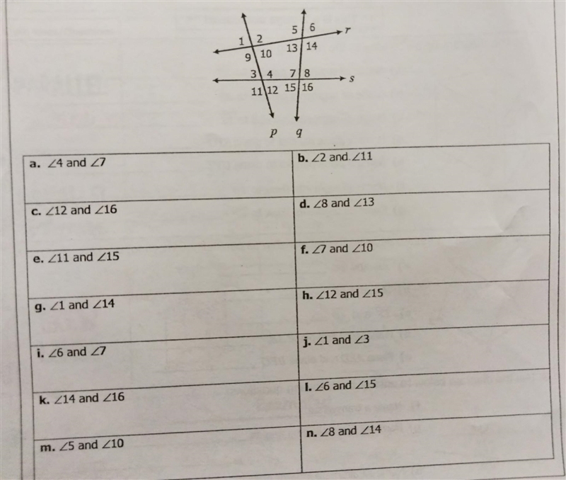 NO LINKS!! Use the diagram below, classify the angle pairs as corresponding, alternate-example-1