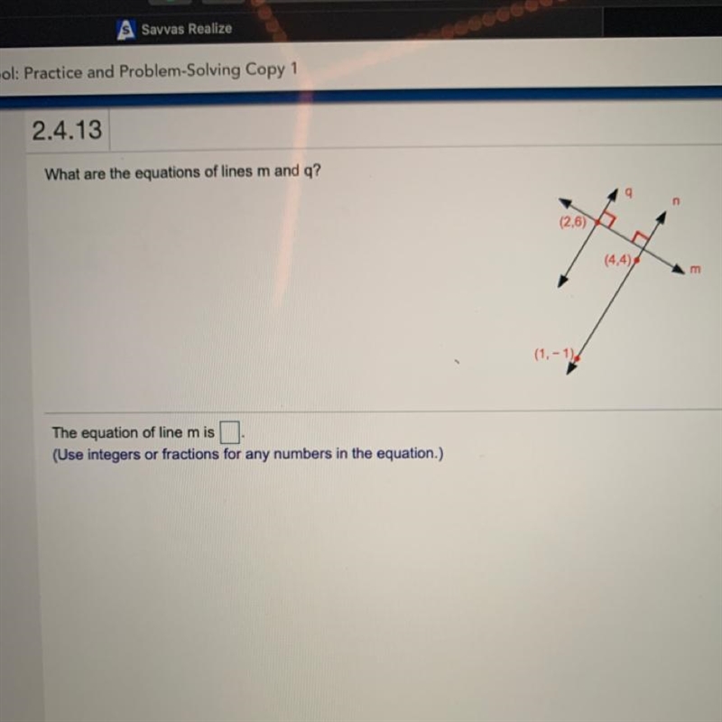 What are the equations of lines m and q?n(296)(4,4)m(1,-1)The equation of line mis-example-1