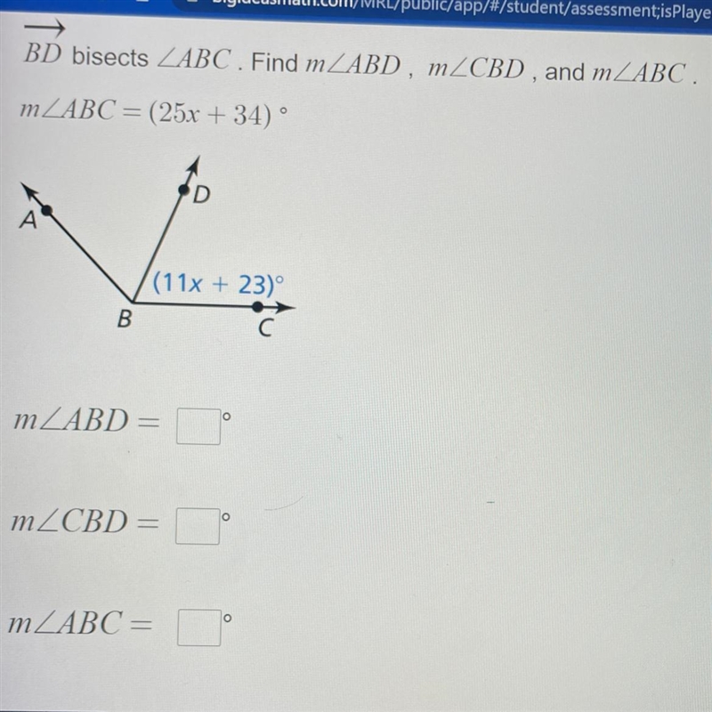 Pls help BD bisects LABC. Find m LABD, m m LABC = (25x + 34) °-example-1