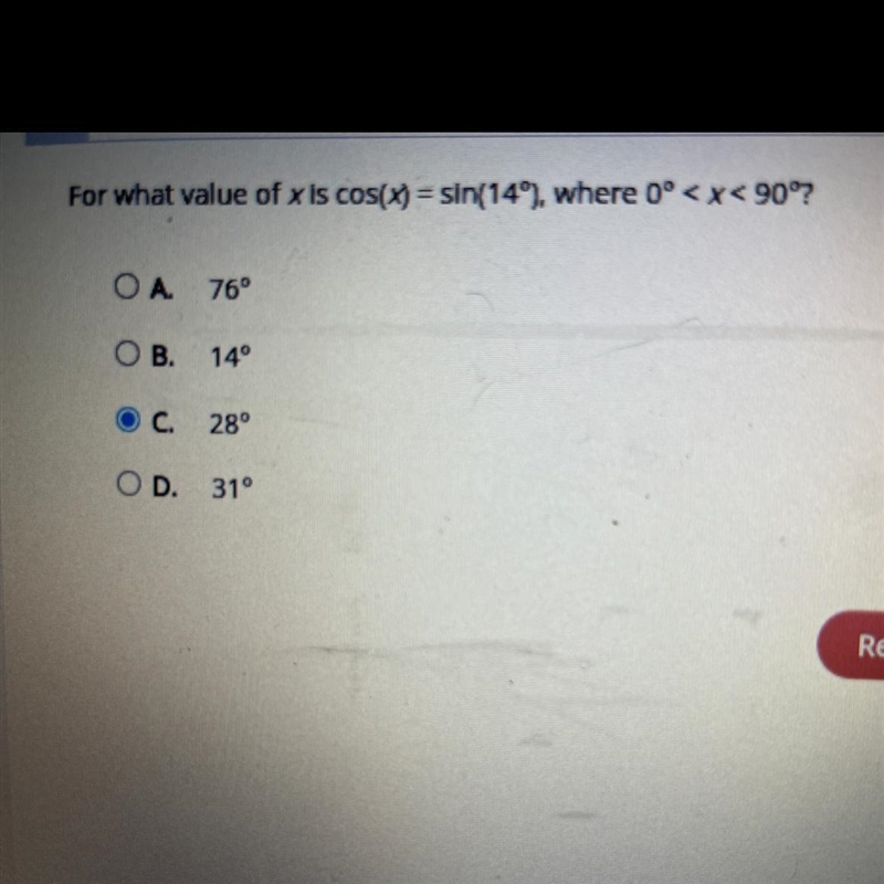 For what value of X is Cos(x) =sin(14°), where 0° < x < 90°?-example-1