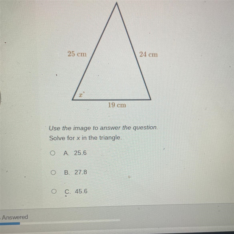 Use the image to answer the question.Solve for x in the triangle.Option D is 64.4-example-1