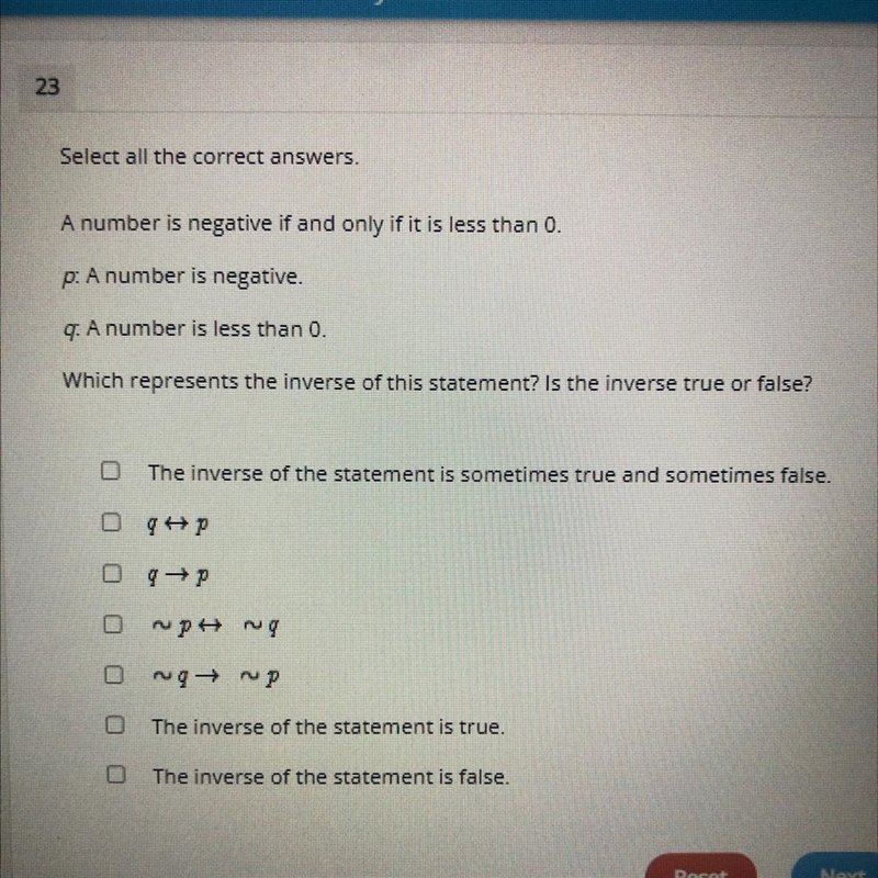 Selecting all the correct answers. Which represents the inverse of this statement-example-1