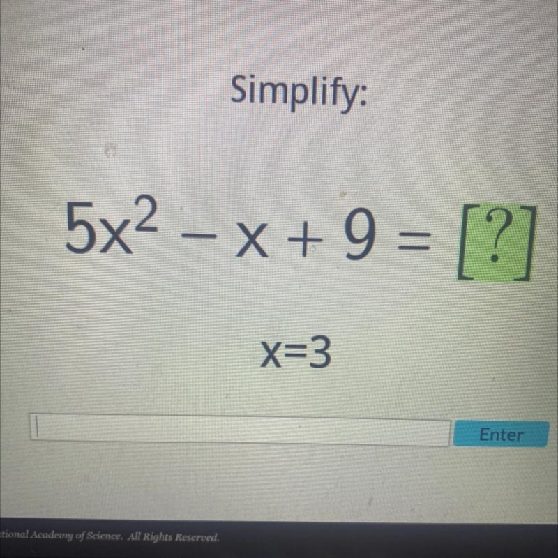 Simplify 5x²-x+ 9 = X=3-example-1