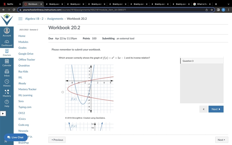 Which answer correctly shows the graph of f(x)=x2+5x−1 and its inverse relation?-example-1