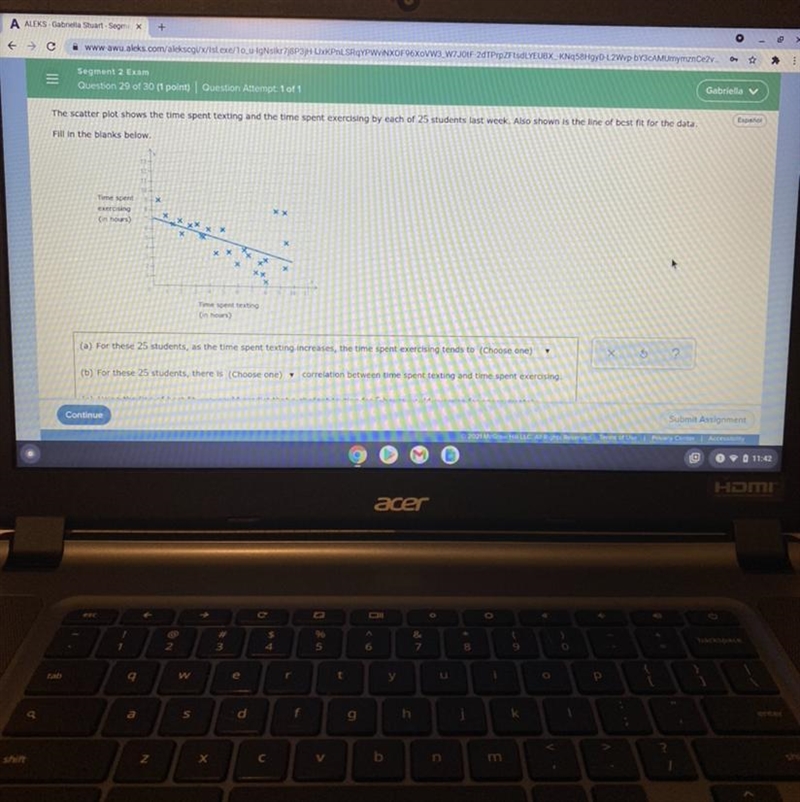 The scatter plot shows the time spent texting and the time spent exercising by each-example-1