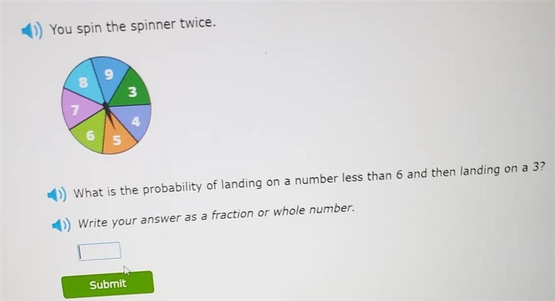 You spin the spinner twice what is the probability of landing on a number less than-example-1