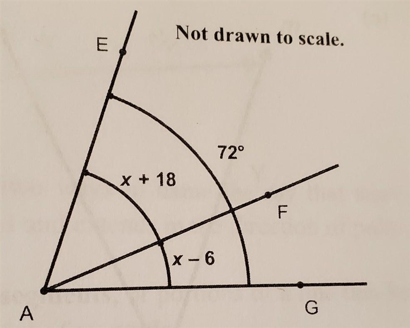 4. In the diagram shown to the right, m∠GAF = x-6, m∠EAF = x +18, and m∠GAE = 72°. Find-example-1