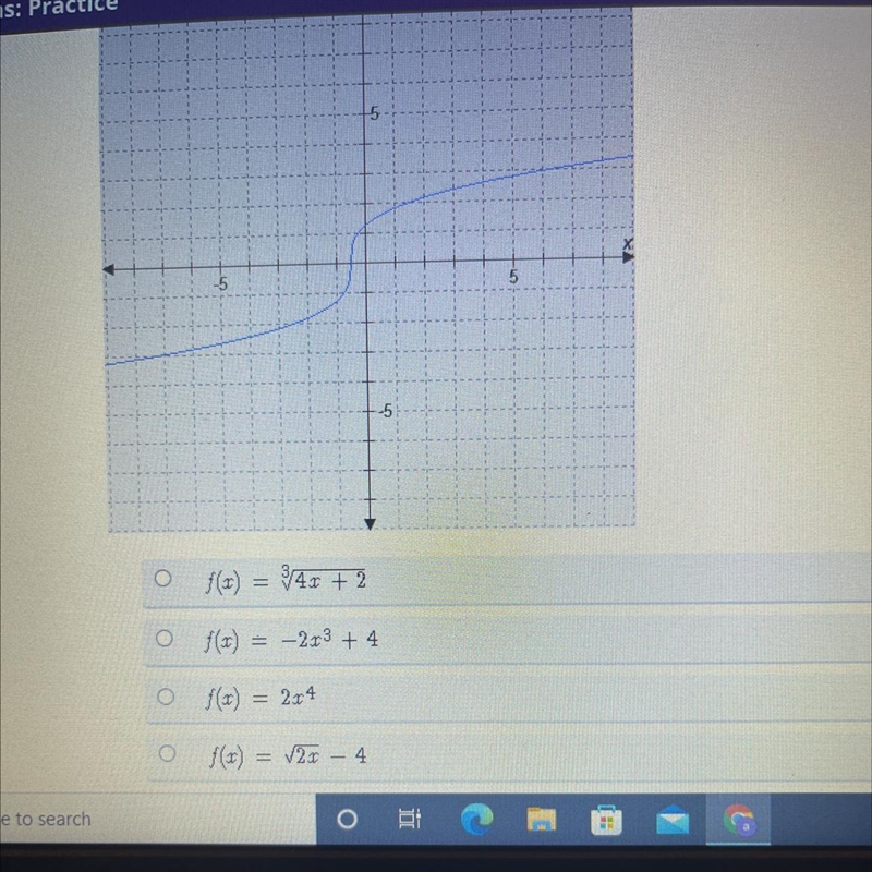 Which equation represents the function modeled by the graph? (picture of graph below-example-1