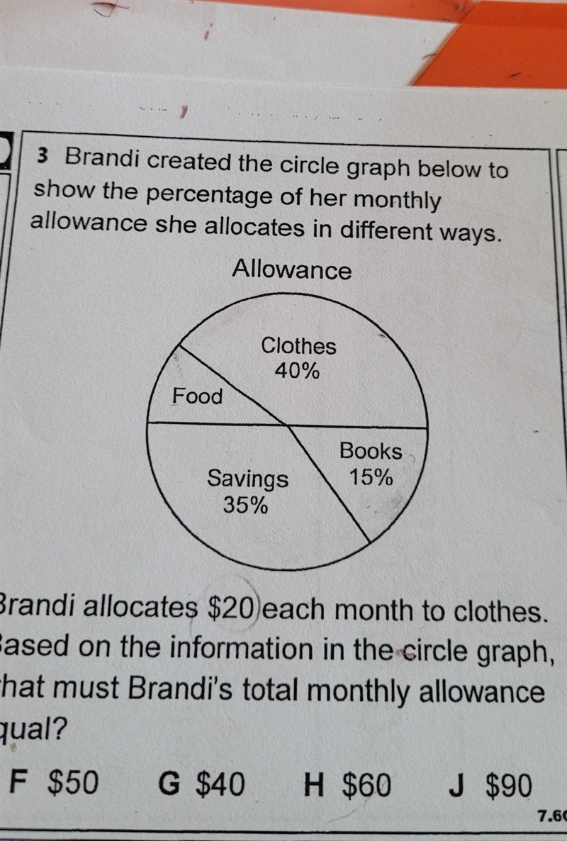 Brandi created the circle graph below to show the percentage of her monthly allowance-example-1