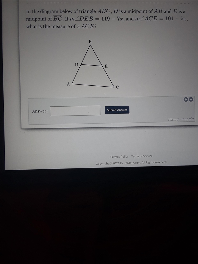 In the diagram below of triangle ABC, D is a midpoint of AB and E is a midpoint of-example-1