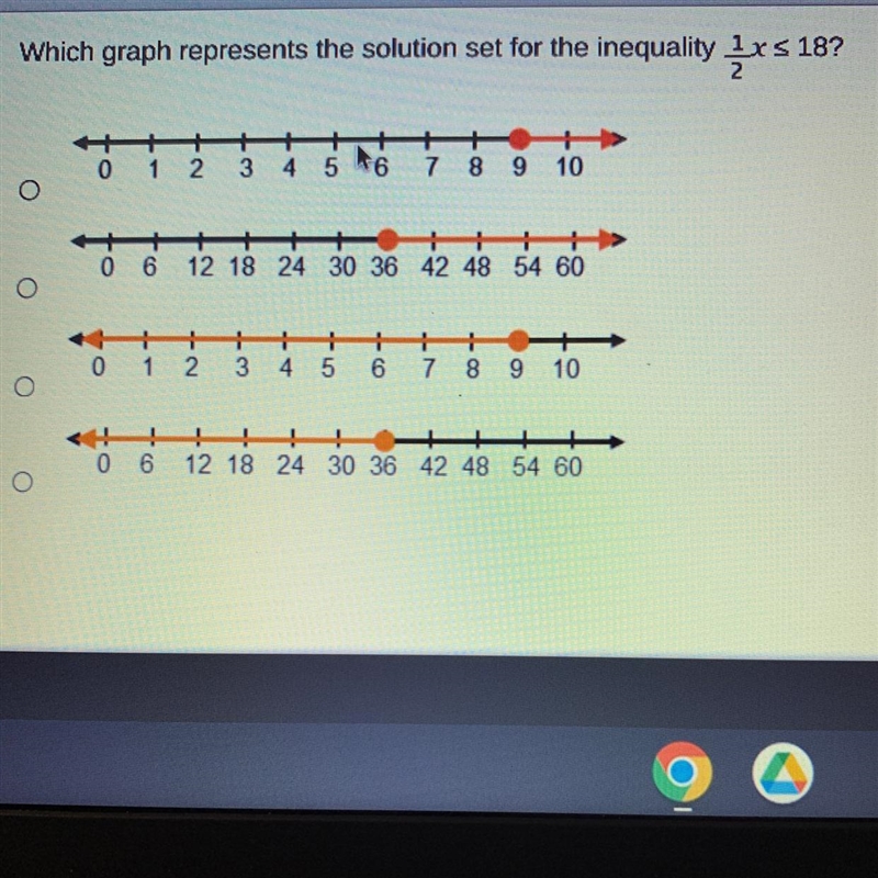 Which graph represents the solution set for the inequality 1xs18? O O O O 01 2 3 4 5 6 7 8 9 10 0 6 12 18 24 30 36 42 48 54 60 0 1 2 + + + + 3 4 4 5 6 7 8 9 10 + 0 6 12 18 24 30 36 42 48 54 60 2 k-example-1