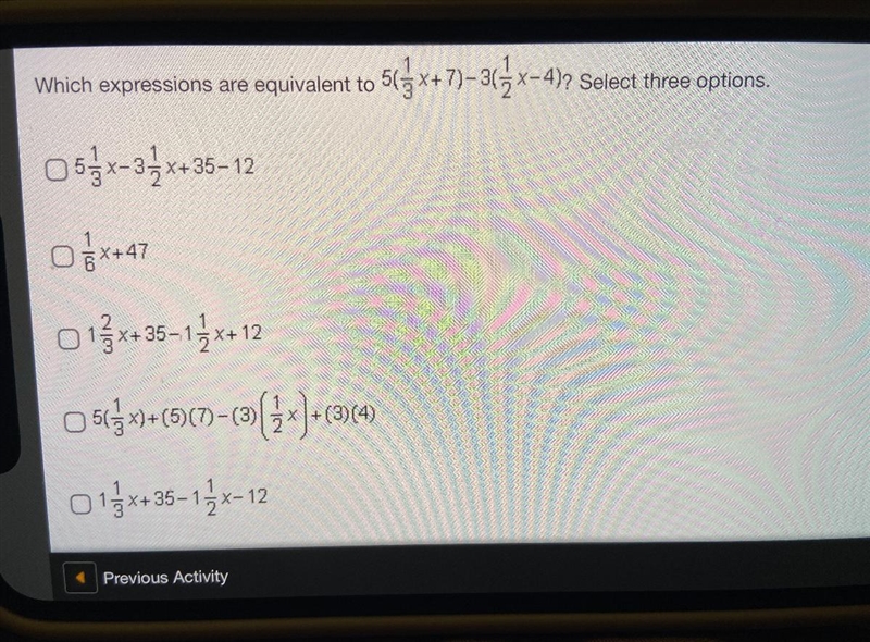 Which expressions are equivalent to05-3x+35-12Ox+4701x+35-12x+1205(x)+(5) (7)-(3)(x-example-1