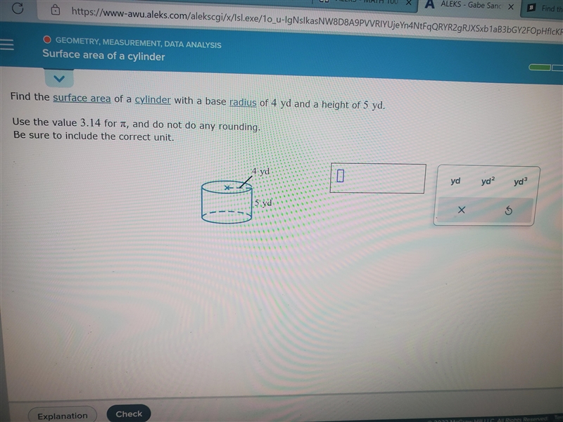 Find the surface area of a cylinder with a base radius of 4 yd and a height of 5 yd-example-1