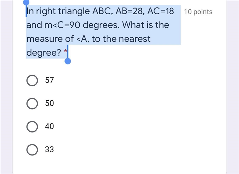 In right triangle ABC, AB=28, AC=18 and m-example-1