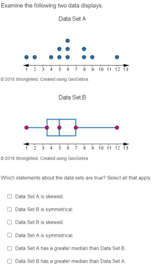 Examine the following two data displays. Data Set A: a dot plot with dots at the following-example-1