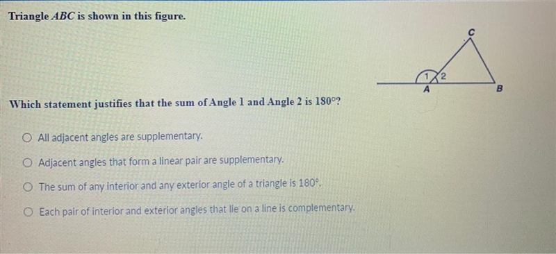 Which statement justifies that the sum of Angle and Angle is 180 degrees?-example-1