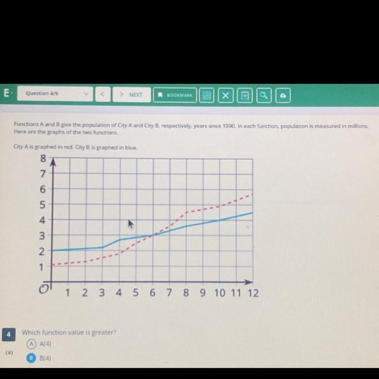 Identify at least two values of t at which the inequality B(t) < A(t) is true-example-1