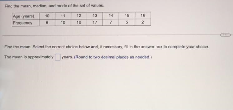 Find the mean, median, and mode of the set of values.-example-1