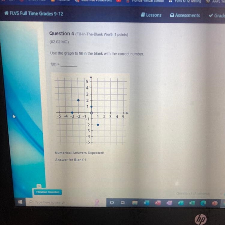 Use the graph to fill in the blank with the correct number. f(0) = 6 5 4 3 2 1 -5-4-3-2-1 -1 -2- 23 -3- -4 -5 1 2345 Numerical-example-1