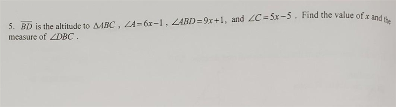 BD is the altitiude to △ABC, ∠A=6x-1, ∠ABD=9x+1, and ∠C=5x-5. Find the value of x-example-1