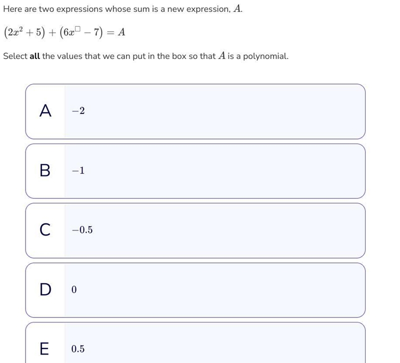 Please help me Here are two expressions whose sum is a new expression, A. (2x2+5)+(6x-example-1