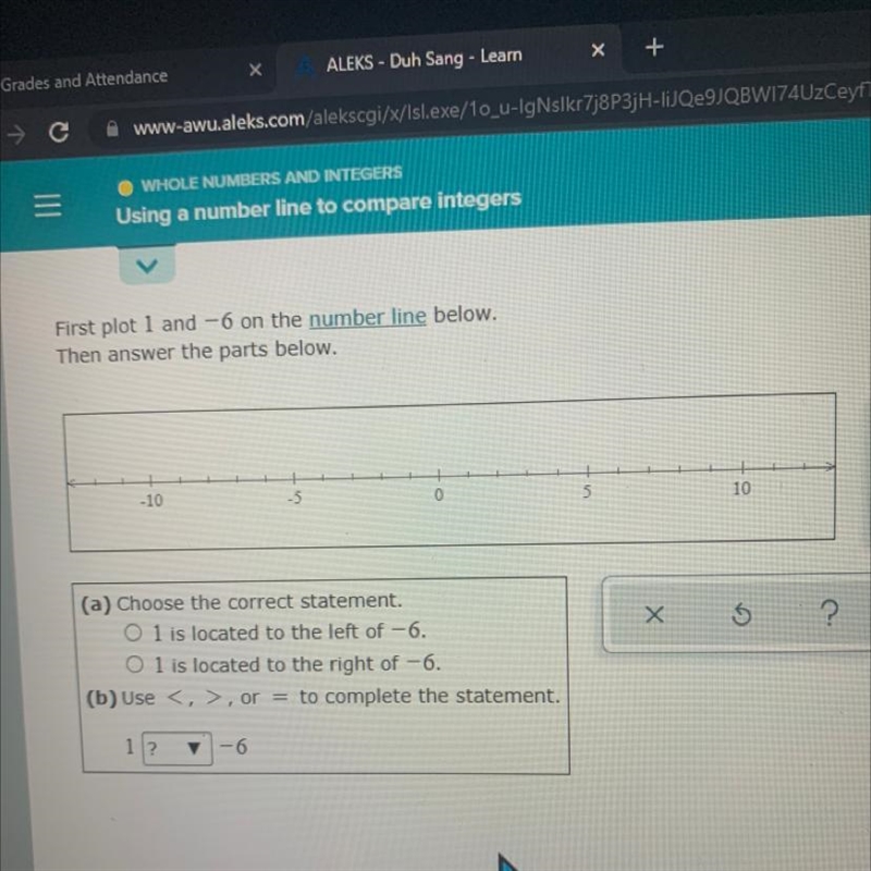 First plot 1 and -6 on the number line below. Then answer the parts below. -10 -5 0 5 10 Х-example-1