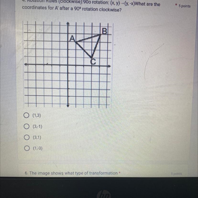 4. Rotation Rules (clockwise):90 degrees rotation: (x, y)-(y. -x)What are the coordinates-example-1