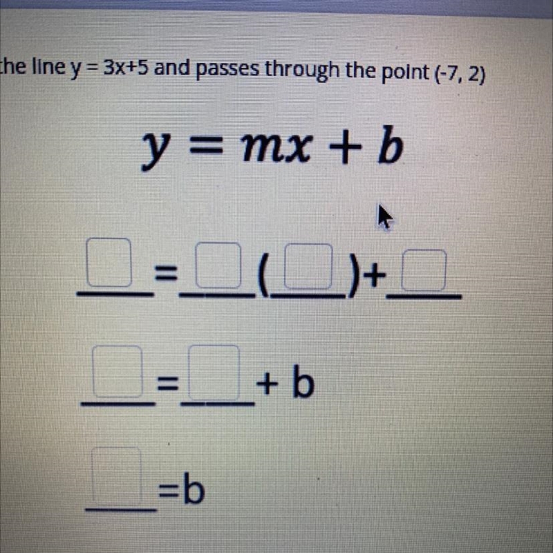 Write the equation of a line parallel to the line y = 3x+5 and passes through the-example-1