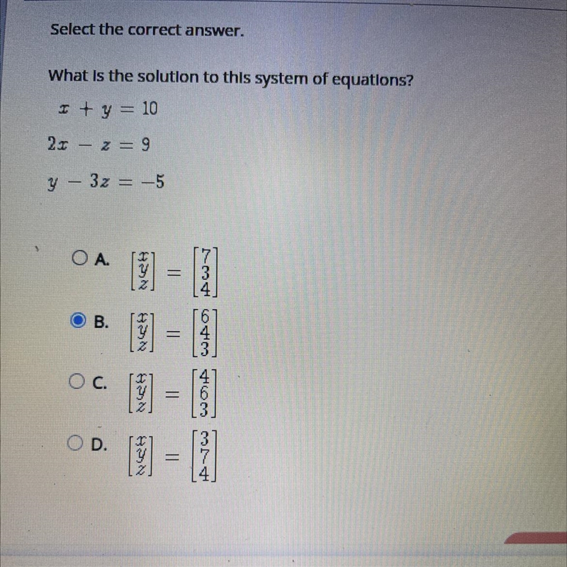 Select the correct answer. What is the solution to this system of equations? x + y-example-1