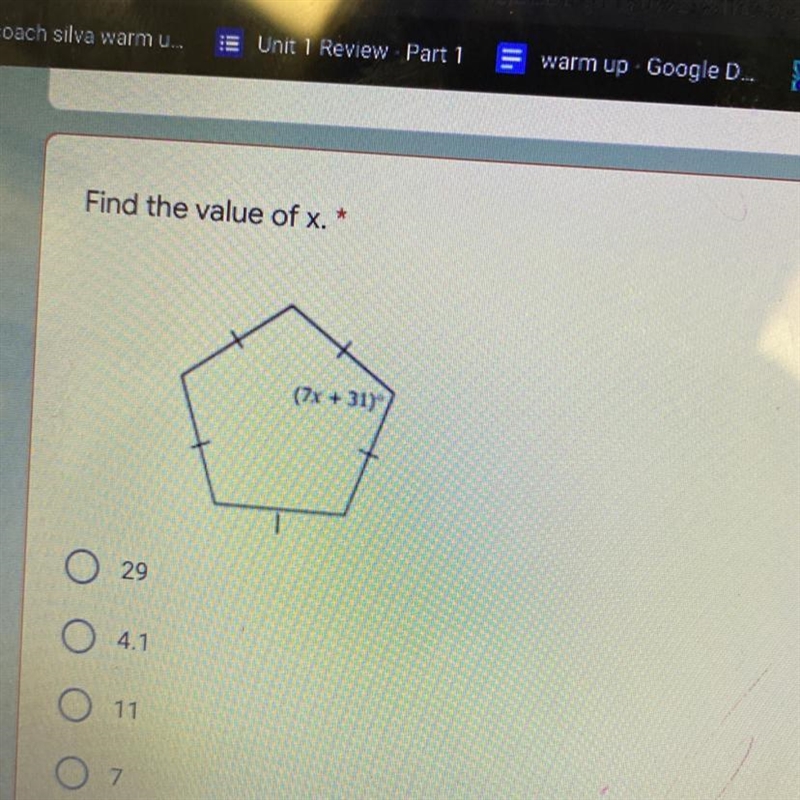 Find the value of x. (7x+ 31)-example-1