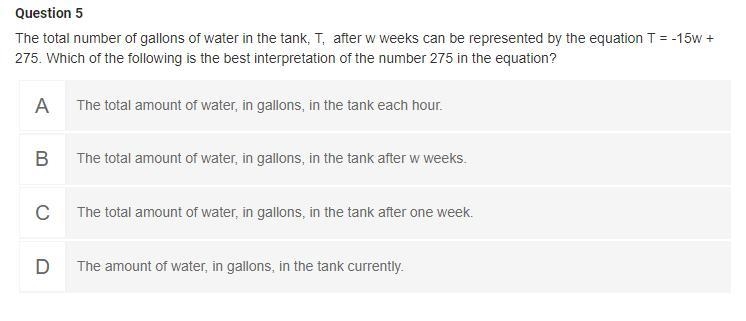 The total number of gallons of water in the tank, T, after w weeks can be represented-example-1