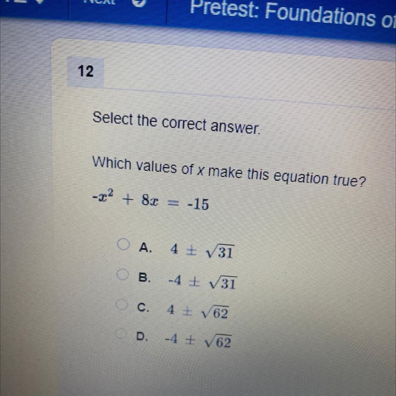 Select the correct answer. Which values of x make this equation true? -x^2+8x=-15-example-1