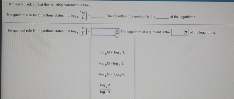 Need help with this question please! The second drop down box options are quotientdifferenceproductsum-example-1