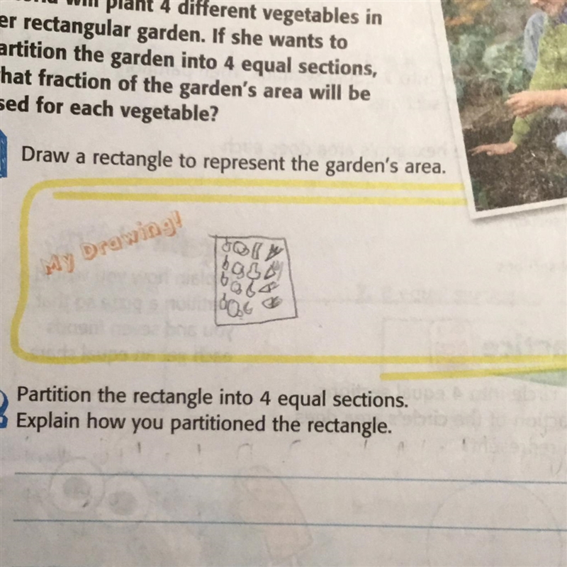 Partition the rectangle into 4 equal sections. Explain how you partitioned the rectangle-example-1