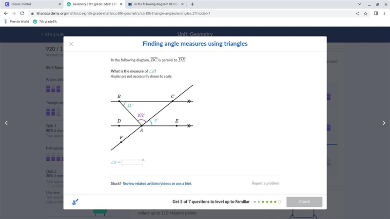 In the following diagram BC is parallel to DE. What is the measure of x?-example-1