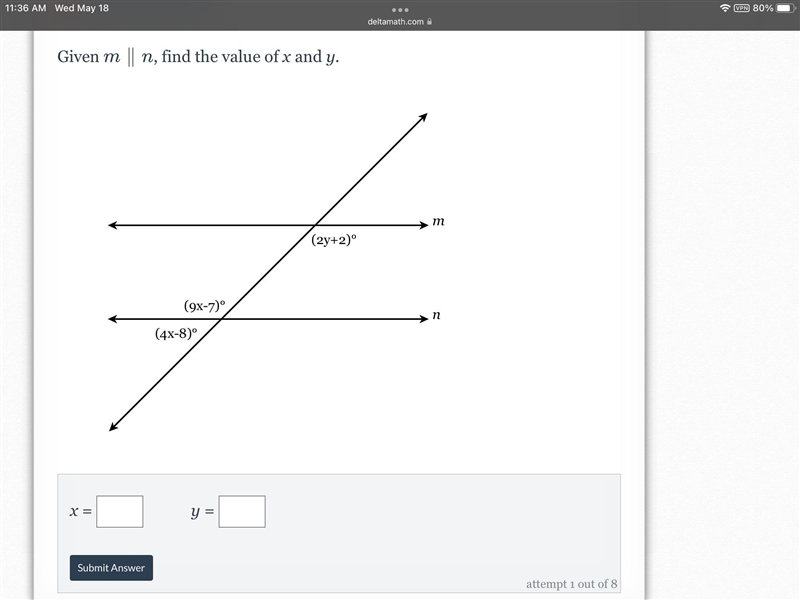 Given m∥n, find the value of x and y.-example-1