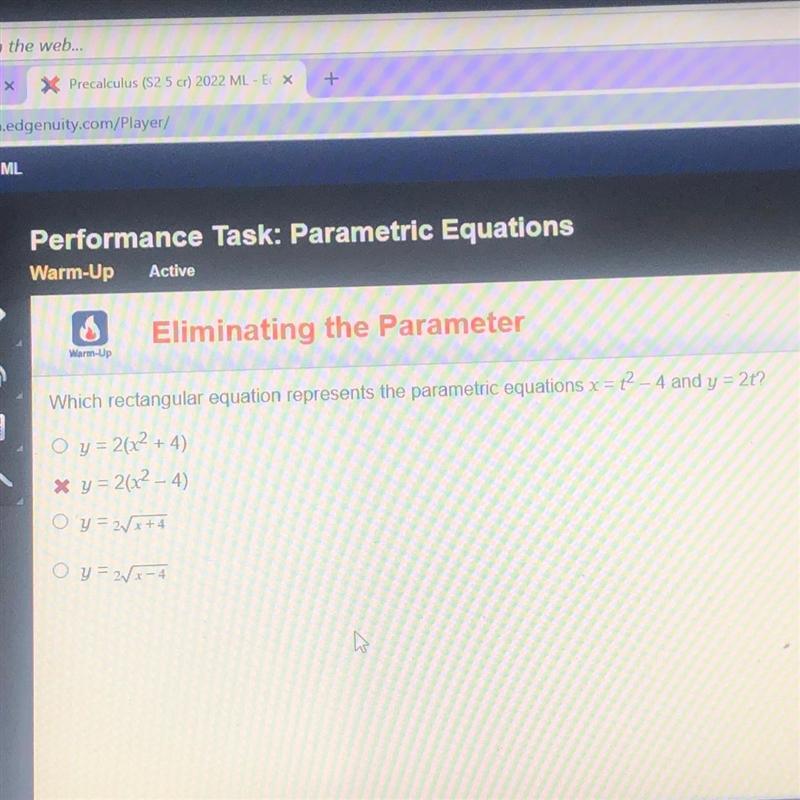 Which rectangular equation represents the parametric equations x = t²-4 and y = 2t-example-1