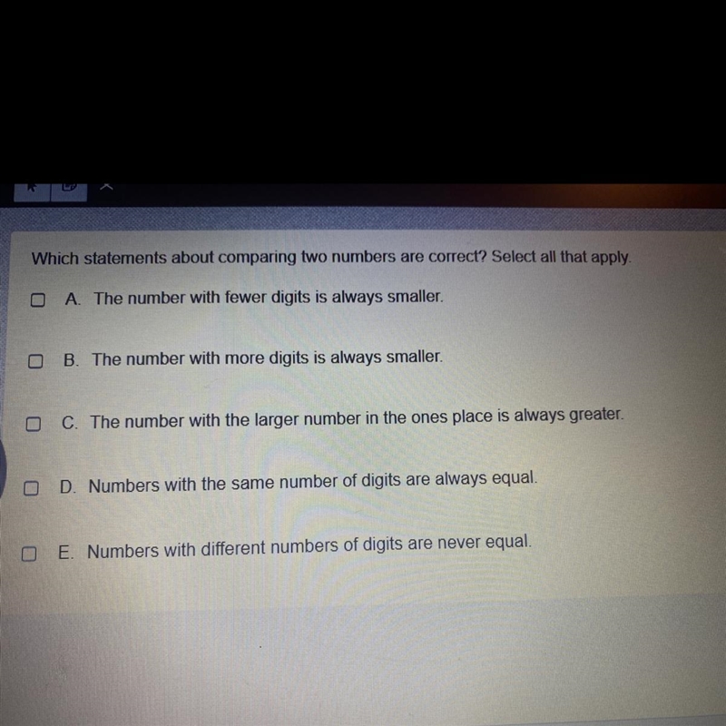 хWhich statements about comparing two numbers are correct? Select all that apply.A-example-1