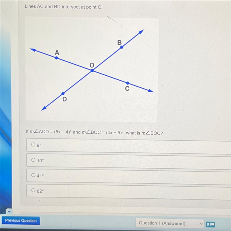 Lines AC and BD intersect at point O. A.9° B. 10 ° C. 41 ° D. 82 °-example-1