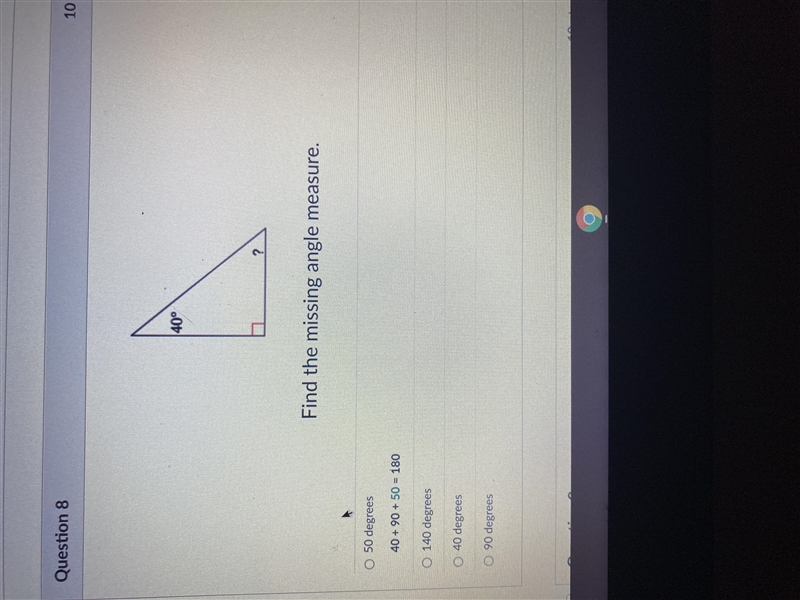 Find the missing angle measure a. 50 b. 140 c.40 d.90-example-1